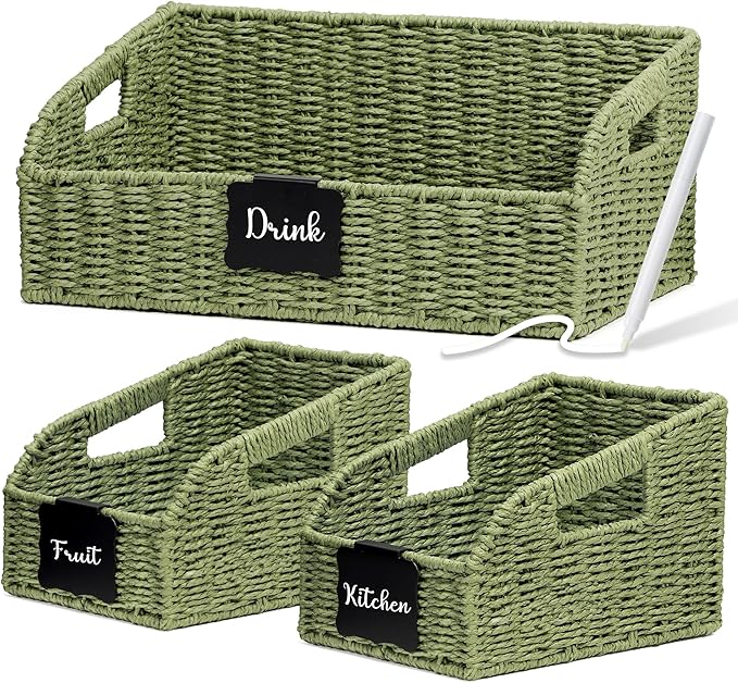 Pantry Organizers, Handwoven Large Wicker Baskets for Shelves, Labeled Storage Baskets for Organizing with Handles - Paper Storage Bins for Shelves, 3 Pack, Green