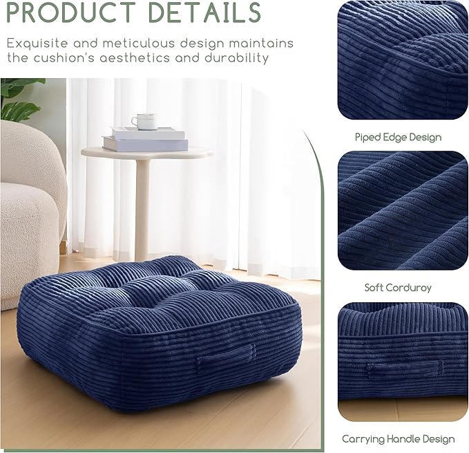 HIGOGOGO 8" Extra Thick Floor Pillow Cushion for Adults, Meditation Cushion Pillow, Large Square Floor Sitting, Tufted Corduroy Cover, for Tatami Living Room or Yoga, 22x22 Inch, 2Pack, Navy