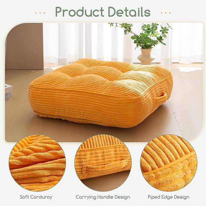 HIGOGOGO 6" Extra Thick Floor Pillow Cushion for Adults, Meditation Cushion Pillow, Large Square Floor Sitting, Tufted Corduroy Cover, for Tatami Living Room or Yoga, 22x22 Inch, 2Pack, Orange