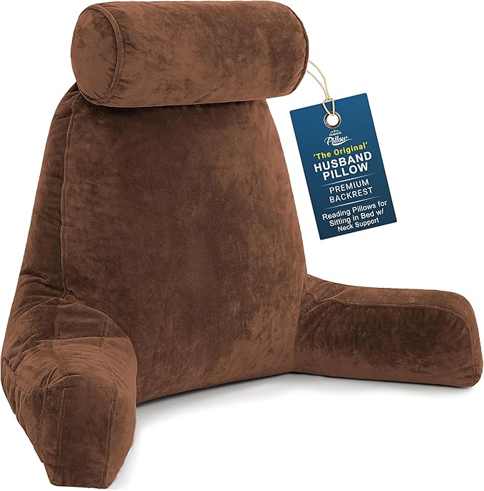 Husband Pillow XXL The Original for Adults - 30" Tall Backrest for Sitting Up in Bed - Firm Support Reading & Bed Rest Pillows for Adults, Neck Roll, Removable Cover - TV - Chocolate