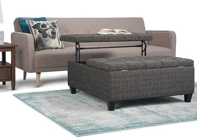 SIMPLIHOME Harrison Coffee Table Storage Ottoman - 36 inch Wide Upholstered Tweed Look Fabric Square Lift-Top Ottoman in Ebony, Transitional Ottoman for Living Room with Hidden Storage