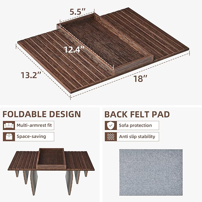 LOVYANXUE Couch Arm Tray, Anti-Falling Bamboo Sofa Armrest Tray Table, Foldable & Portable Armrest Tray Cup Holder Side Table for Drinks, Coffee, Phone, Snacks, Remote