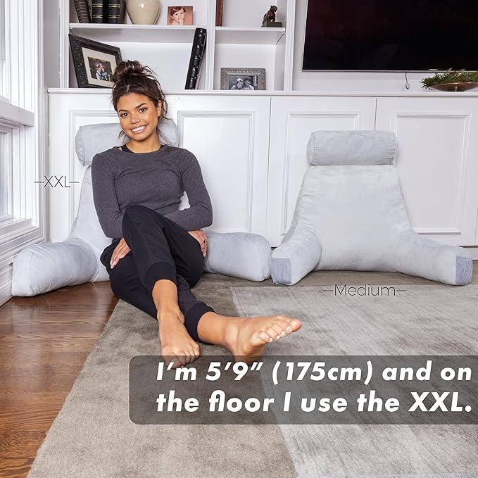Husband Pillow XXL The Original for Adults - 30" Tall Backrest for Sitting Up in Bed - Firm Support Reading & Bed Rest Pillows for Adults, Neck Roll, Removable Cover - TV - Light Grey