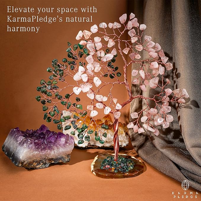 Handmade Healing Crystal Tree of Life Green Aventurine & Rose Quartz Chakra Tree for Money, Good Luck, Feng Shui Home Decor, Living Room Office Deocration, Unique Birthday Gifts for Women, Men, Mom