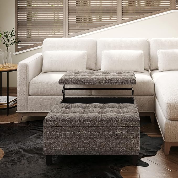 SIMPLIHOME Harrison Coffee Table Storage Ottoman - 36 inch Wide Upholstered Tweed Look Fabric Square Lift-Top Ottoman in Mink Brown, Transitional Ottoman for Living Room with Hidden Storage