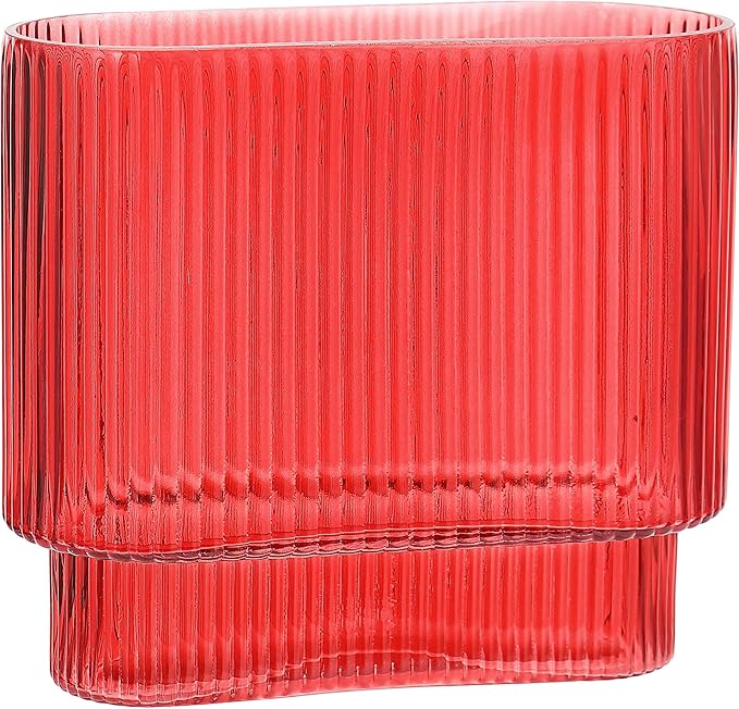 Ribbed Vase, Red Glass Vase for Flowers, Red Flower Vases for Tulips, Modern Vases for Living Room, Dining Table, Office, Bedroom, Mantle, Shelf, Wedding, 7 Inch