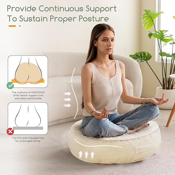 HIGOGOGO 6" Extra Thick Floor Pillow Cushion for Adults, Meditation Cushion Pillow, Large Round Floor Sitting, Tufted Corduroy Cover, for Tatami Living Room or Yoga, 22x22 Inch, Beige