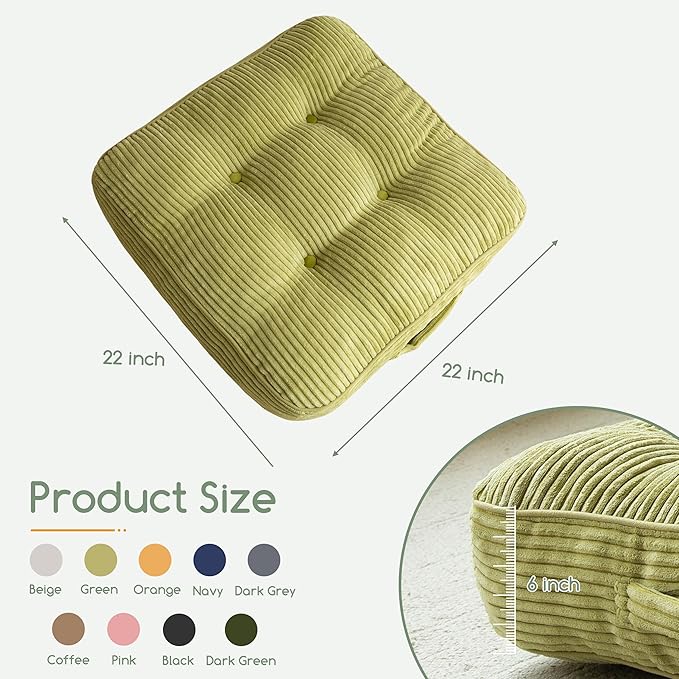 HIGOGOGO 6" Extra Thick Floor Pillow Cushion for Adults, Meditation Cushion Pillow, Large Square Floor Sitting, Tufted Corduroy Cover, for Tatami Living Room or Yoga, 22x22 Inch, Green