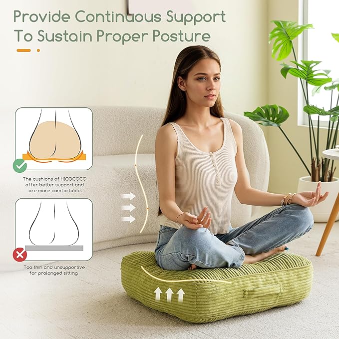HIGOGOGO 6" Extra Thick Floor Pillow Cushion for Adults, Meditation Cushion Pillow, Large Square Floor Sitting, Tufted Corduroy Cover, for Tatami Living Room or Yoga, 22x22 Inch, Green