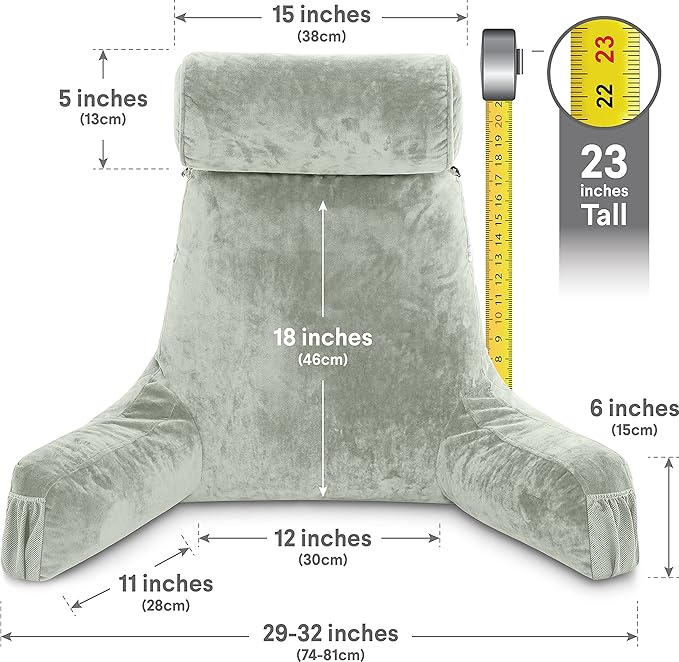 Husband Pillow Medium Reading Pillow with Arms - 23" Backrest for Sitting Up in Bed - Firm Support Bed Rest Pillow for Adults, Neck Roll, Removable Cover - TV, Reading, Lounging - Desert Sage