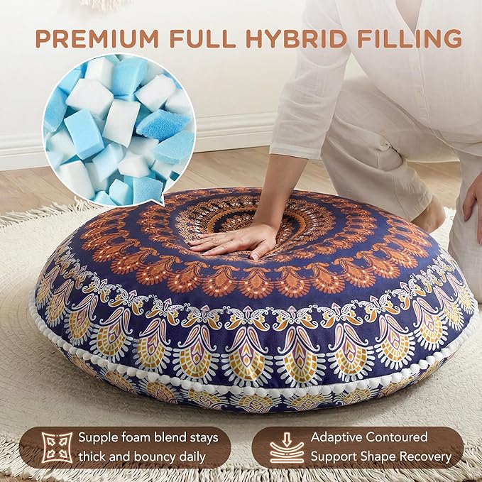 Codi Floor Pillows for Sitting Set of 2, Large Meditation Cushions for Adults with Memory Foam, Bohemian Mandala Round Seating for Outdoor Yoga and Living Room, Washable，32 Inch, Yellow