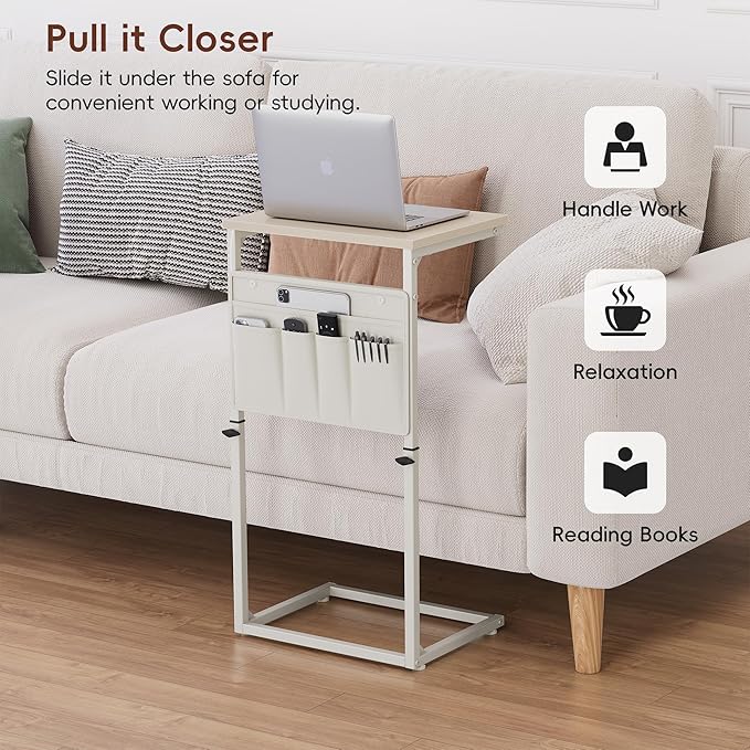 Vagusicc C Shaped End Table, 32'' Tall Side Table for Couch, Adjustable Height Small Couch Side Table for Small Spaces, End Table Slide Under Sofa Table TV Tray Table Arm Table for Living Room