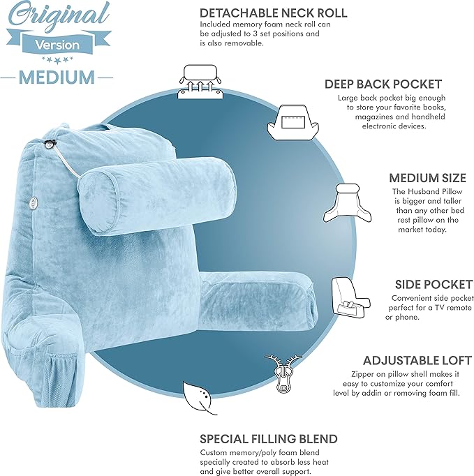 Husband Pillow Medium Reading Pillow with Arms - 23" Backrest for Sitting Up in Bed - Firm Support Bed Rest Pillow for Adults, Neck Roll, Removable Cover - TV, Reading, Lounging - Sky Blue