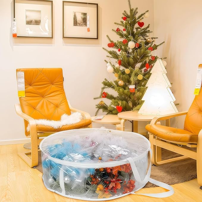 2Pcs Christmas Wreath Storage Container 24 Inch Clear Wreath Storage Bags Round Durable Wreath Bags Clear Everyday Bag with Dual Zippers and Sturdy Handles for Holiday Christmas Wreaths（Medium）