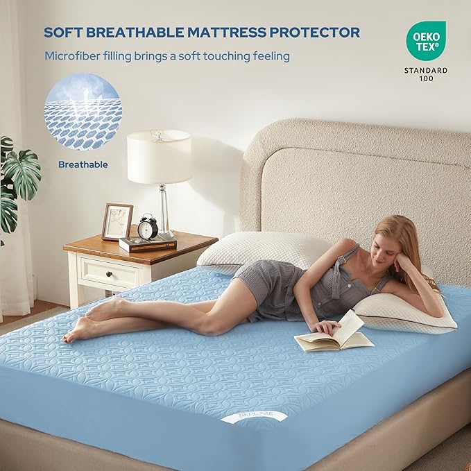 BEDLORE Waterproof Mattress Protector, Cal King Size Mattress Pad with Deep Pocket 6"-18" Depth, Soft Dirt-Proof Double Bed Mattress Cover for Bedroom, College Dorm, Hotel (Sky Blue)