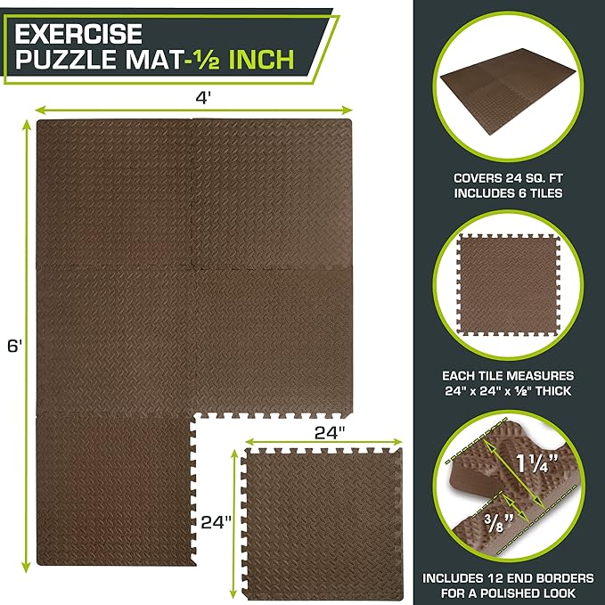 ProsourceFit Puzzle Exercise Mat ½ in, EVA Interlocking Foam Floor Tiles for Home Gym, Water-Resistant Mats Workout Equipment, Floor Padding for Kids, Blue, 24 in x 24 in x ½ in, 144 Sq Ft - 36 Tiles