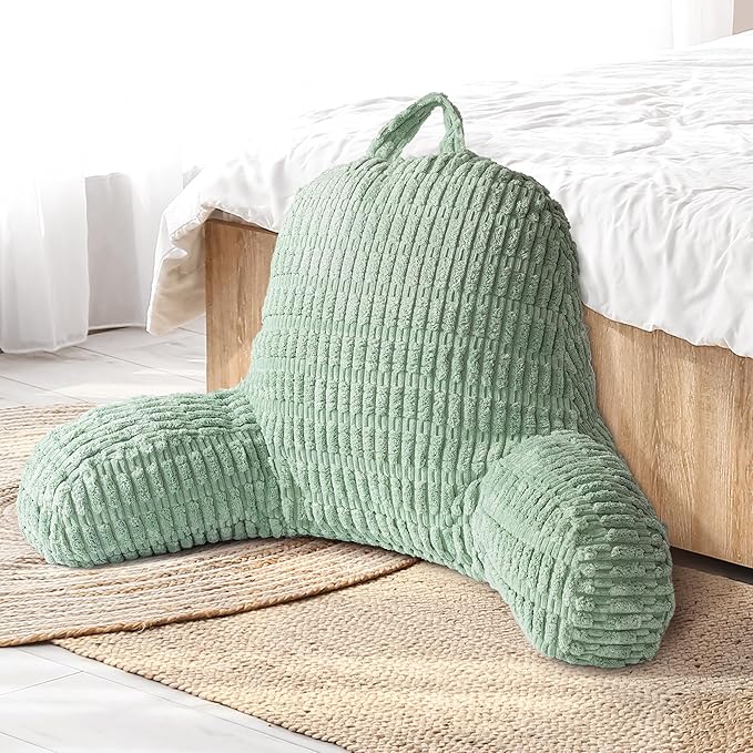 AELS Large Reading Pillow Replacement Cover with Arms and Pockets (Cover ONLY), 18" Soft Corduroy Striped Backrest Pillow Cover Fits Standard Size Reading Pillows, Sage Green