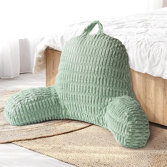 AELS Large Reading Pillow Replacement Cover with Arms and Pockets (Cover ONLY), 18" Soft Corduroy Striped Backrest Pillow Cover Fits Standard Size Reading Pillows, Sage Green
