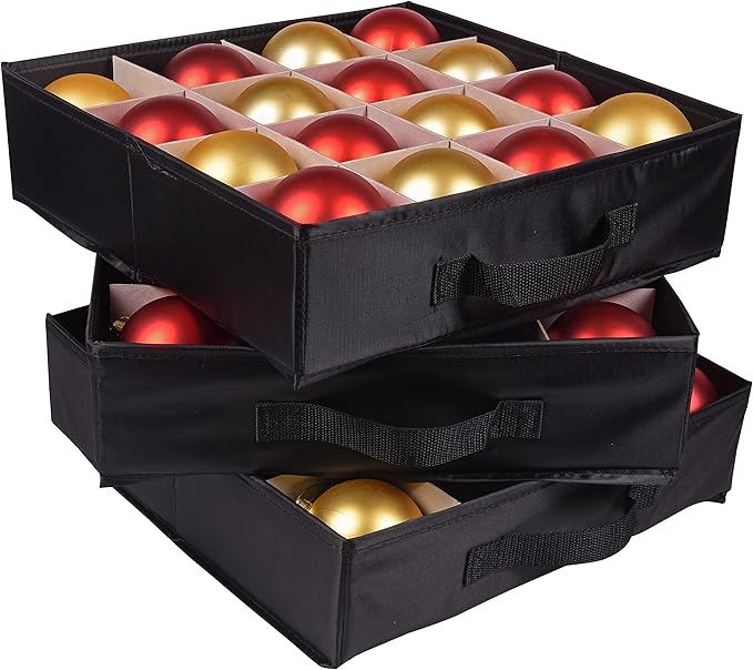 ProPik Holiday Ornament Storage Box Organizer Chest, With 3 Separate Removable Trays Holds Up to 48 Ornaments Balls, Three separated Trays With Dividers To Organize Bulbs (Gray)