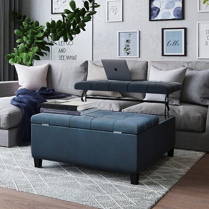 SIMPLIHOME Harrison Coffee Table Storage Ottoman - 36 inch Wide Upholstered Vegan Leather Square Lift-Top Ottoman in Distressed Dark Blue, Transitional Ottoman for Living Room with Hidden Storage