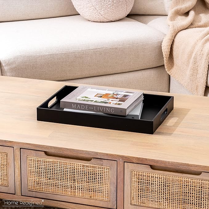 Home Redefined Beautiful Modern Elegant 17.5"x12" Rectangle Classic Black Faux Leather Decorative Tray Ottoman Coffee Table Perfume Living Room Kitchen Serving Tray with Handles for All Occasion's