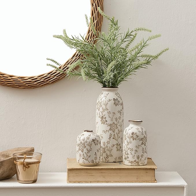 Ceramic Flower Decorative Antique Vase Set of 3, Vintage Rustic Chinoiserie Floral Vase for Home Decor, Living Room, Bookshelf, Office, Entryway, Garden, Chinoiserie Decor, Tuscan Decor