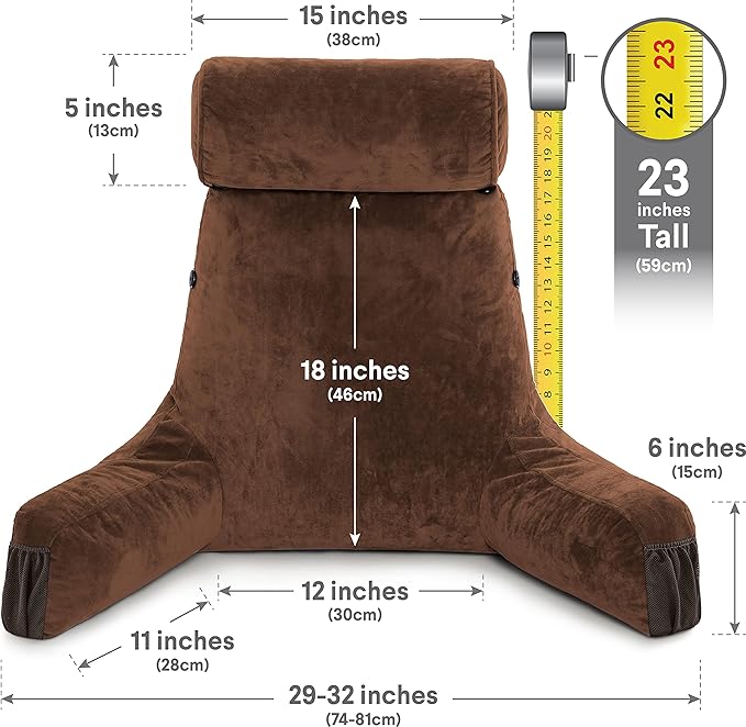 Husband Pillow Medium Reading Pillow with Arms - 23" Backrest for Sitting Up in Bed - Firm Support Bed Rest Pillow for Adults, Neck Roll, Removable Cover - TV, Reading, Lounging - Chocolate