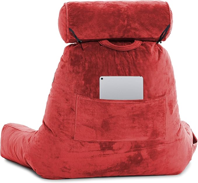 Husband Pillow Medium Reading Pillow with Arms - 23" Backrest for Sitting Up in Bed - Firm Support Bed Rest Pillow for Adults, Neck Roll, Removable Cover - TV, Reading, Lounging - Red