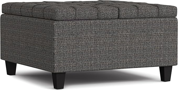SIMPLIHOME Harrison Small Coffee Table Storage Ottoman - 30 inch Wide Upholstered Tweed Look Fabric Square Lift-Top Ottoman in Ebony, Transitional Ottoman for Living Room with Hidden Storage