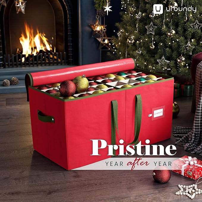 Christmas Ornament Storage Box - Red, Fits 128 Ornaments - Organizer With Dividers & Handles
