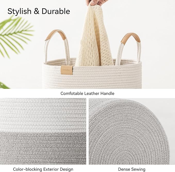 Nunsino 75L Striped Laundry Hamper with Leather Handles,Large Foldable Laundry Basket for Clothes,Cotton Rope Storage Bin for Blankets,Woven Clothes Basket for Bedroom,Gray Stripes