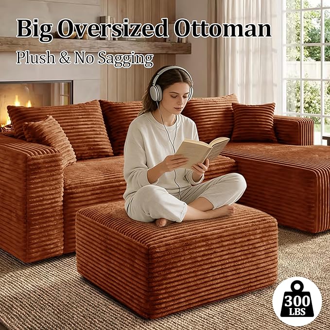 Corduroy Ottoman, Modern Boneless Cloud Foot Rest Foam Support, Oversized Modular Sectional Sofa Rectangel Stool for Living Room, Bedroom & Small Spaces, No Assembly Required (Orange, Ottoman)