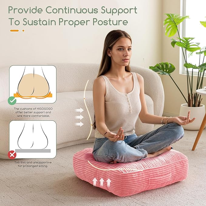 HIGOGOGO 6" Extra Thick Floor Pillow Cushion for Adults, Meditation Cushion Pillow, Large Square Floor Sitting, Tufted Corduroy Cover, for Tatami Living Room or Yoga, 22x22 Inch, 2Pack, Pink