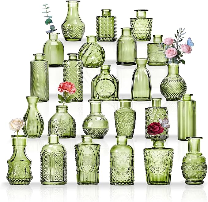 24PCS Mini Bud Vases As Wedding Centerpieces for Tables,Clear Bud Vases for Flowers,Small Flower Vases Suitable for Birthday Party,Anniversary,Wedding Reception,Baby Shower (Green, 24PCS)