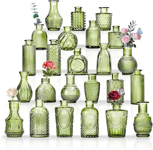 24PCS Mini Bud Vases As Wedding Centerpieces for Tables,Clear Bud Vases for Flowers,Small Flower Vases Suitable for Birthday Party,Anniversary,Wedding Reception,Baby Shower (Green, 24PCS)