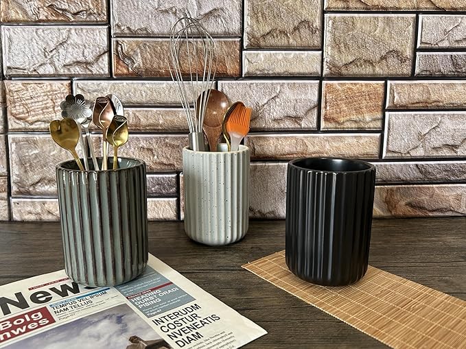 TOPYOKK Stoneware Coffee Bar Utensil Holder Tea & Coffee Spoon & Stirrer Holder for Stir Stick Straw Teaspoon Holder Spoon Cup Small Utensil Jar Fluted Vertical Stripe (Blue Grey)