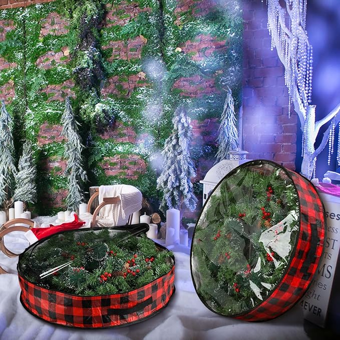 Kingdder 4 Pcs Christmas Wreath Storage Bags 30 Inch Xmas Garland Container Case with Clear Window Handles Zipper Black and Red Buffalo Plaid Wreath Box for Holiday Seasonal Storage