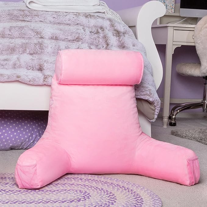 Husband Pillow Medium Reading Pillow with Arms - 23" Backrest for Sitting Up in Bed - Firm Support Bed Rest Pillow for Adults, Neck Roll, Removable Cover - TV, Reading, Lounging - Pink