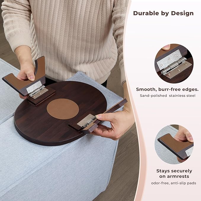 DETOR Clip-On Couch Armrest Table, 13.4" x 10" Oval Shape, Mahagony Bamboo Finish, Stainless Steel Hinges, Odor-Free Non-Slip Pads, Fits 6"–10" Armrests