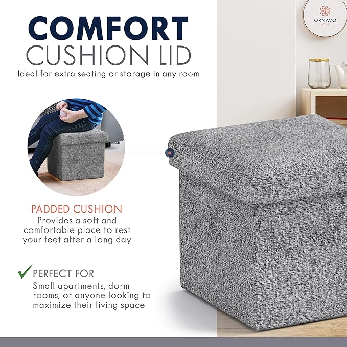 Ornavo Home Small Storage Ottoman, Set of 2 Foldable Collapsible Cube Square Linen Ottoman Foot Rest Stool Seat, for Living Room, Bedroom, Home Office, Dorm - 12 x 12 x 12, Gray
