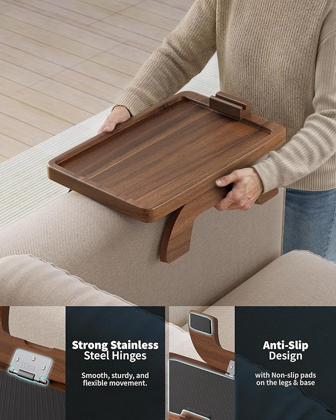 BLUEWEST Sofa Armrest Tray, Arm Table Sofa Arm Tray Clip on Tray Table with 360° Rotating Phone and Cup Holder for TV Dinners, Remote, Drinks and Snacks (Rectangle, Walnut)