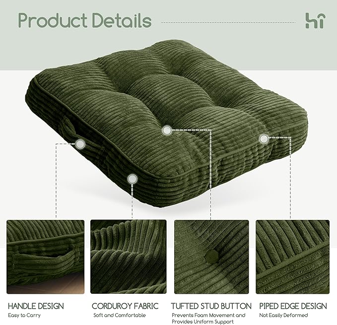 HIGOGOGO Floor Pillow Cushion for Adults, Meditation Cushion Pillow, Large Square Floor Sitting, Tufted Corduroy Cover, for Tatami Living Room or Yoga, 22x22 Inch, 2Pack, Dark Green