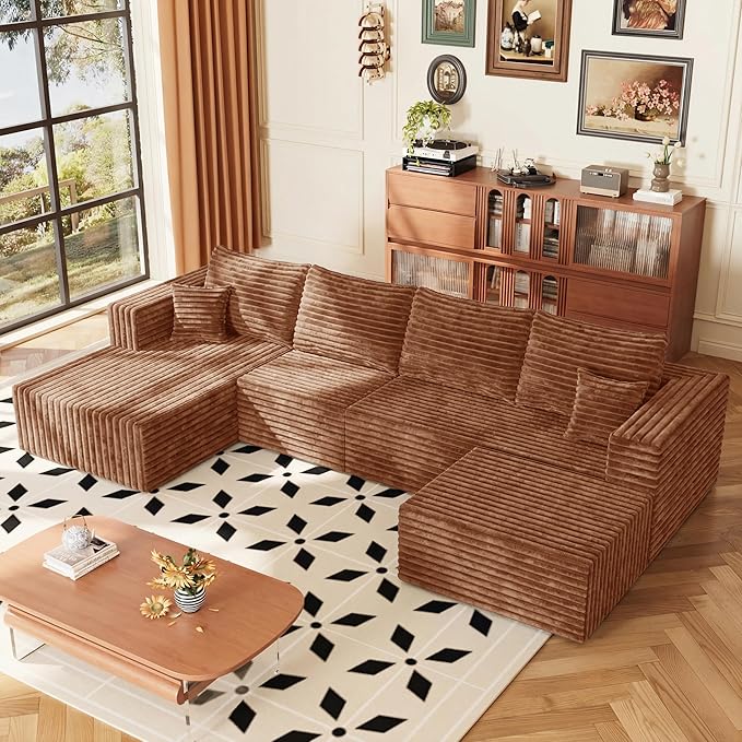 118" Sectional Sofa, Boneless Compressed Sofa in a Box, U-Shaped Cloud Couch with Deep Seats & Chaise for Living Room, No Assembly Required (Orange, 118" U-Shape with Left Facing Chiase) | Boneless Compressed, Sofa in a Box, Cloud Couch, Deep Seats, No...