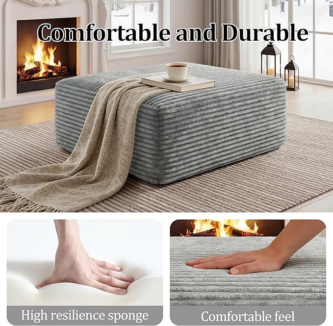 Corduroy Ottoman, Modern Boneless Cloud Foot Rest Foam Support, Oversized Modular Sectional Sofa Stool for Living Room, Bedroom & Small Spaces, No Assembly Required (Light Gray, Ottoman) | Foam Support, No Assembly Required, Living Room/Bedroom