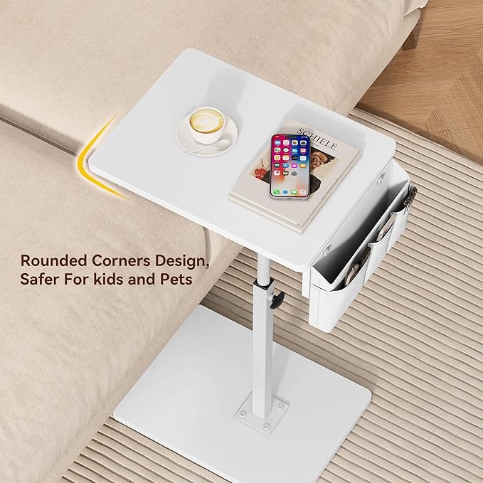 Vagusicc Sofa Armrest Tray Table for Couch, 360° Swivel Height Adjustable TV Tray Table for Small Spaces, Snack Side Table for Couch, Bed, Chair, C Shaped End Side Table for Eating, Reading, Laptop