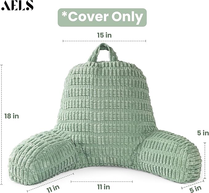 AELS Large Reading Pillow Replacement Cover with Arms and Pockets (Cover ONLY), 18" Soft Corduroy Striped Backrest Pillow Cover Fits Standard Size Reading Pillows, Sage Green