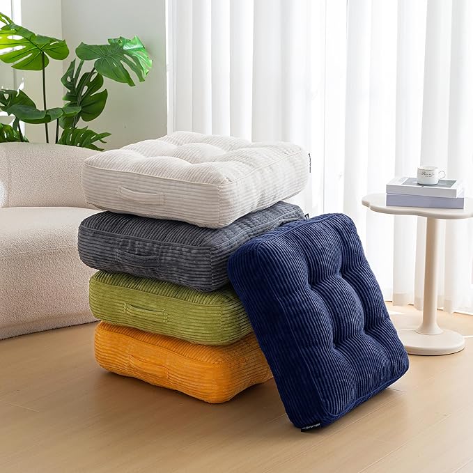 HIGOGOGO 6" Extra Thick Floor Pillow Cushion for Adults, Meditation Cushion Pillow, Large Square Floor Sitting, Tufted Corduroy Cover, for Tatami Living Room or Yoga, 22x22 Inch, Beige
