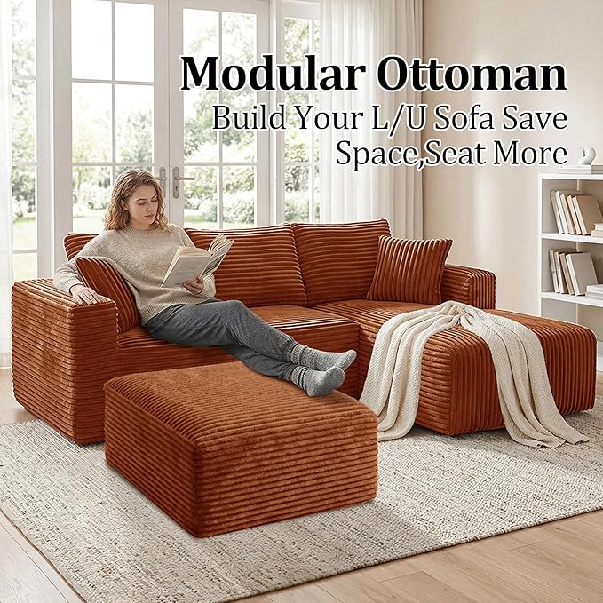 Corduroy Ottoman, Modern Boneless Cloud Foot Rest Foam Support, Oversized Modular Sectional Sofa Rectangel Stool for Living Room, Bedroom & Small Spaces, No Assembly Required (Orange, Ottoman)