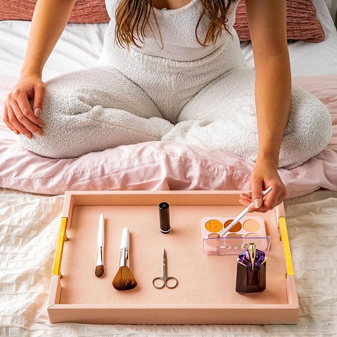 Home Redefined Modern Elegant 17.5"x12" Rectangle Baby Pink Tray Glossy Shagreen Faux Leather Decorative Ottoman Coffee Table Perfume Dresser Kitchen Serving Tray with Gold Polished Metal Handles.