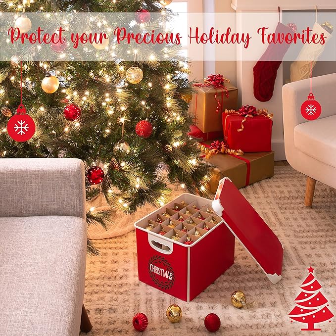 Simplify Christmas Wreath Design Holiday Tote Bin Ornament Storage | Dimensions: 15.4"x 11.4"x 9.25" | Holds 60 Ornaments | Red | Removable Lid | Easy Carry Handles |